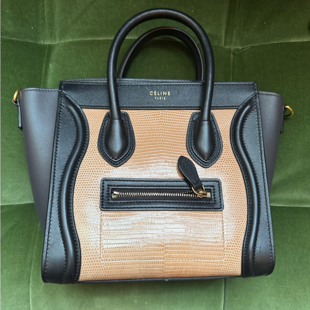 Celine Micro Luggage Satchel, Black/Tan Lizard